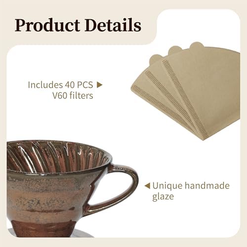 Vintage Ceramic Pour Over Coffee Maker with V60-Style Dripper and 40 Paper Filters (Red) - Image 5