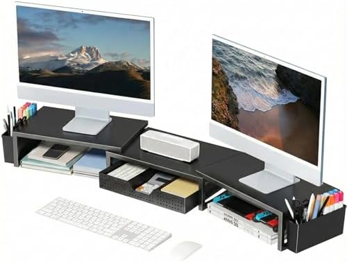 OPNICE Desk Organizers and Accessories, Dual Monitor Stand Riser with Drawer and 2 Pen Holders, Desk Shelf Computer Racks & Printer Stand for Office Workspace Organizers, Desktop Organization (Black) by OPNICE