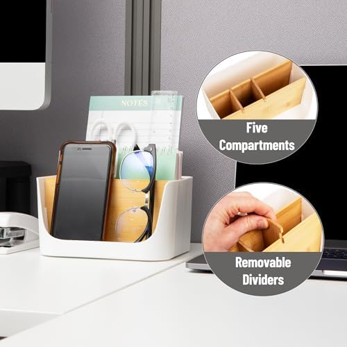 Mind Reader 5-Compartment Desktop Organizer, Adjustable Caddy, Plastic and Wood, White - Image 4