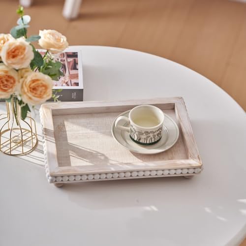 Decorative Coffee Table Tray, 13.5 x 9.7 Inch White Washed Wooden Beaded Tray with Removable Legs, Rustic Farmhouse Rectangular Tray for Coffee Table, Kitchen Counter and Vanity Decor - Image 2