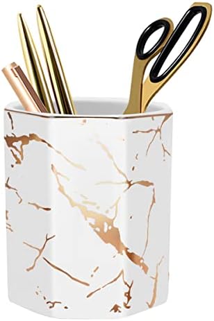 Makeup Brush Holder, Pen Holder for Desk, Stand for Desk Marble Pattern Pencil Cup for Kids Durable Ceramic Desk Organizer for Home, Office, White (Upgrade Larger Capacity) by WAVEYU