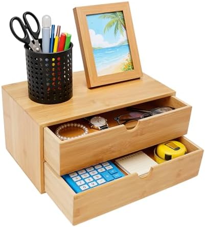 2-Tier Bamboo Desk Organizer, Tabletop Storage Box for Office by Mgorgeous
