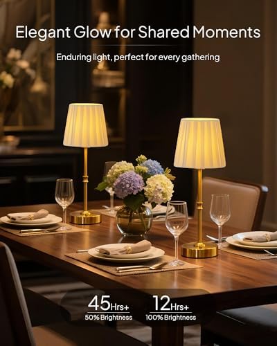 EppieBasic Cordless Table Lamp Rechargeable: Fast Charging & Long Lasting - 2700K Warm Light Small Vintage Gold Lamps -Bedside Dinning Living Room Bedroom - Pleated Shade - Image 2