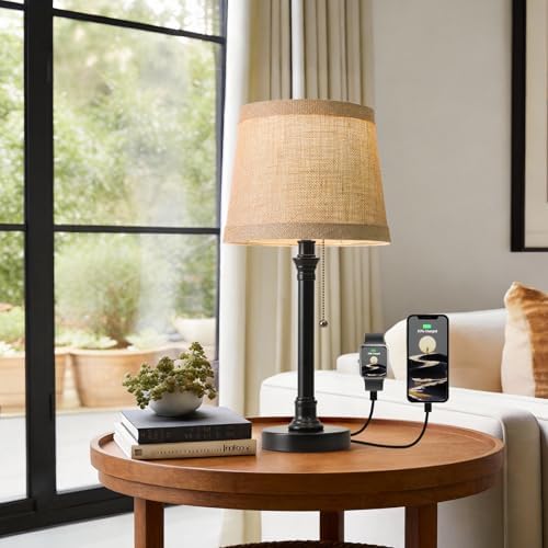 Oneach 19.5" Small Table Lamp for Bedroom, Rustic Black Lamp, USB A+C by Oneach