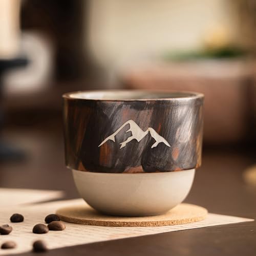 7oz Handleless Ceramic Coffee Cup, Wabi Sabi Pottery Latte Cup with Laser Engraved Snow Mountain, Matte Frosted Small Coffee Mug for Camping, High-Fired Anti-Slip Base by kaisadadi