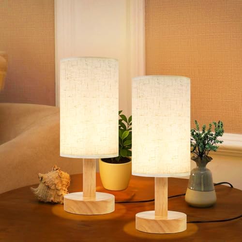 Small Bedside Table Lamps for Bedroom Set of 2,Natural Round Wood Base&Fabric Linen Shade,Cozy Night Light for Study Reading,Minimalist Boho Desk Lamp for Nightstand,Living Room,Nursery,Kitchen,Dorm by SEENSINY