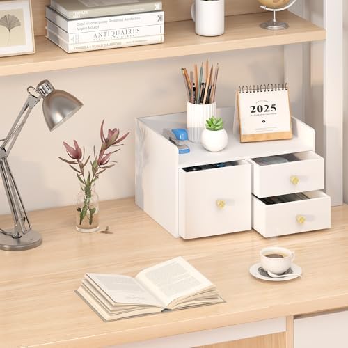 Bamboo Desk Organizer - Stackable, No Assembly Required, Ideal for Office/Home Use - Perfect for Toiletries, Stationery, Accessories. (White, Square drawer to the left of the fence) - Image 5