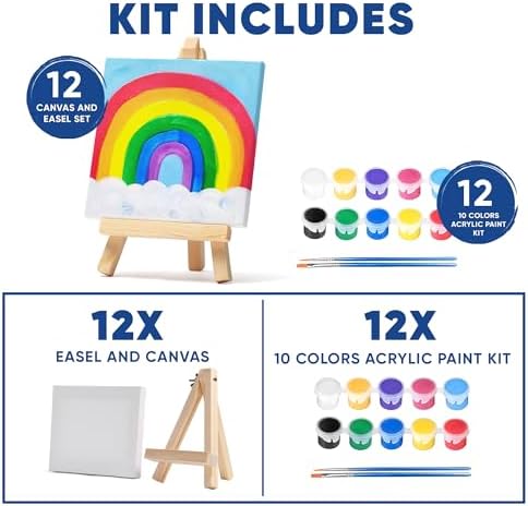 Set of 12 Mini 4x4 Canvas and Easel Set with 10 Colors Acrylic Paint - Bulk Kids Art Party Favors & Supplies - Mini Paint Party Kits - Kids Canvas Painting Set - Paint & Sip Kit - Image 2