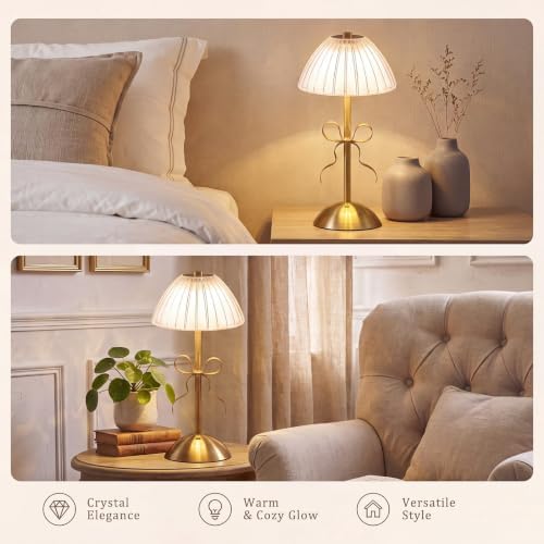 Liliful 2 Pcs Cordless Table Lamp LED Touch, Gold, Mushroom Style Bow - Image 6