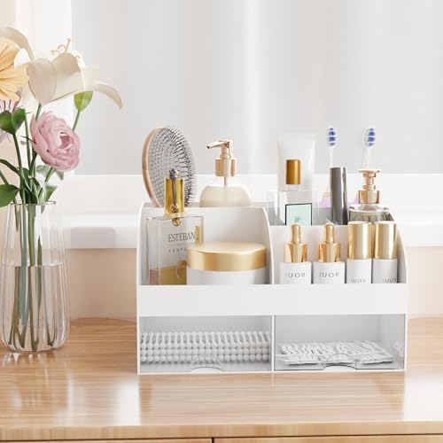 Makeup Organizer with Drawers, Cosmetic Storage for Dresser Vanity and Bathroom Countertop, Beauty Holder for Lipstick Brush, Skincare Organizer for Vanity, Cosmetic Display Case (White) - Image 5