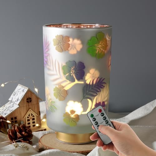 Eywamage 7" Tall Battery Operated Table Lamp, Floral Glass Lamp with Remote Timer, Cordless Accent Lamp Lights for Bedroom Living Room Kitchen by EywamageCandles