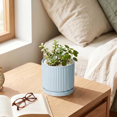 4 Inch Plant Pots, Ceramic Pots for Plants with Saucer, Light Blue - Image 6