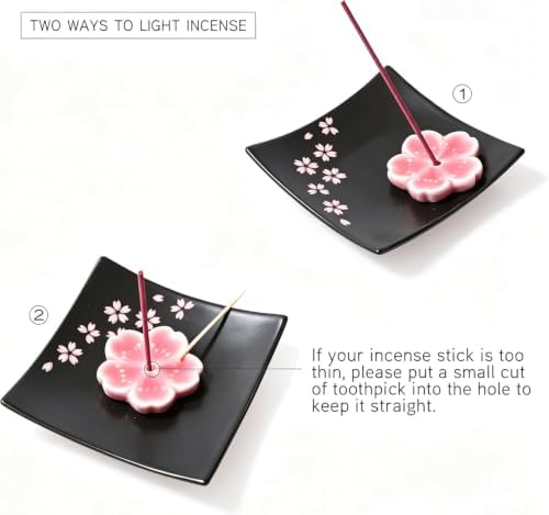 Japanese Cherry Blossom Ceramic Handmade Cute Incense Stick Holder or Incense Burner Holder, Unique Ash Catcher Inscent Tray and Decorative Gift, Home Decor 3.96 inches, Square Black - Image 4