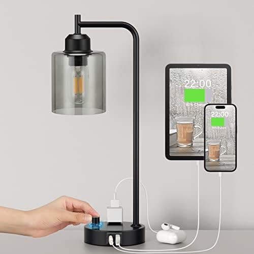 Industrial Bedside Desk Lamps for Bedroom - Grey Smoked Glass Shade Table Lamp with USB C Port, Fully Dimmable Small Lamps with USB Port and Outlet, Reading Nightstand Lamps for Office Living Room by Innqoo
