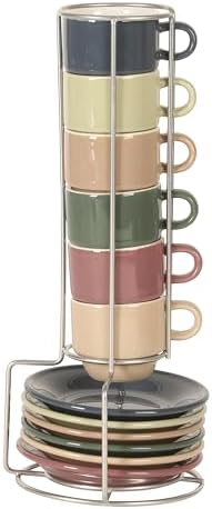 Gibson Home Brew Harmony 13 Piece Espresso Cup Set with Metal Rack, Stoneware Espresso Cups & Saucers, Solid Color Stackable Coffee Set, Café Style, Dishwasher & Microwave Safe - Image 6