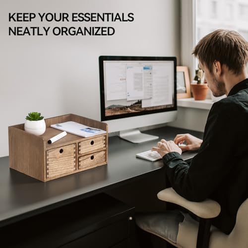 KIRIGEN Wooden Desk Organizer with 3 Drawers and Top Tray, Brown DT1D3C-DBR - Image 6