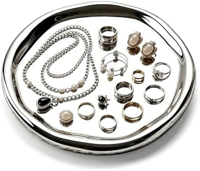 Ceramic Jewelry Tray, Ceramic Jewelry Cloud Plate Decorative Tray Trinket Dish Cute Room Decor for Rings Earrings Necklace Organizer 7.09in (Silver Round) by Unknown