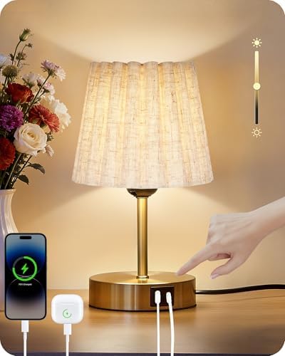 Small Bedside Table Lamp, Touch Dimmable Table Lamp with USB Ports, Nightstand Lamp with a Stepless Dimming LED Bulb, E26 Base, for Bedroom, Study, Desk, Gold and Beige DE16TL05 by GOEBLESON