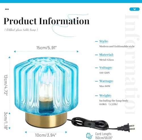 Mid Century Modern Table lamp Small Table Lamps with Touch Metal Base and Blue Glass Shade Vintage Gold Desk lamp nightstand lamp Bedside Table lamp for Bedroom Living Room Office - Image 3