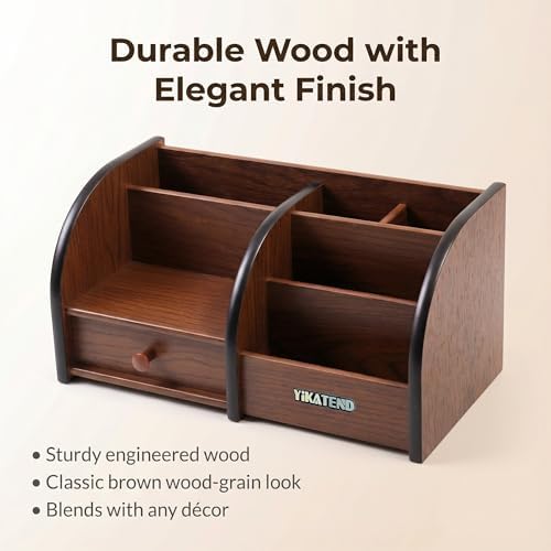Wooden Desk Organizer with Drawer, Multi-Compartment Desktop Storage for Office Supplies, Remote Control, Phone, Makeup & Accessories - Image 6