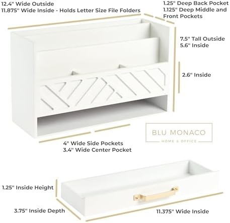 BLU MONACO | White Wooden Desk Organizer & Mail Organizer with Drawer & Gold Handle | Mail Sorter Countertop | 6 Compartments | White Desktop Organizer for Desk - Image 2
