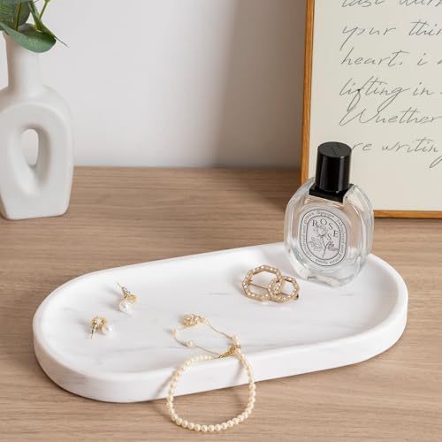 Koville White Marble Oval Tray for Bathroom Countertop, 10" x 5" Natural Marble Vanity Trays, Stone Perfume Organizer Tray for Decor, Jewelry Dish Perfume Trays for Dresser - Image 6
