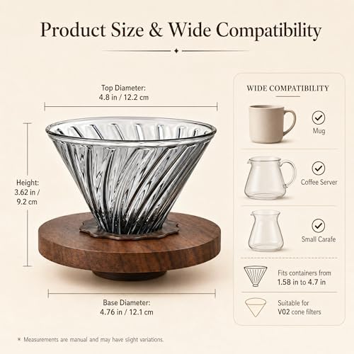 Glass Pour Over Coffee Dripper with Solid Walnut Base, V60 Style Manual Drip Coffee Maker, 1–4 Cup (20oz) Borosilicate Glass Brewer for Home and Office - Image 3