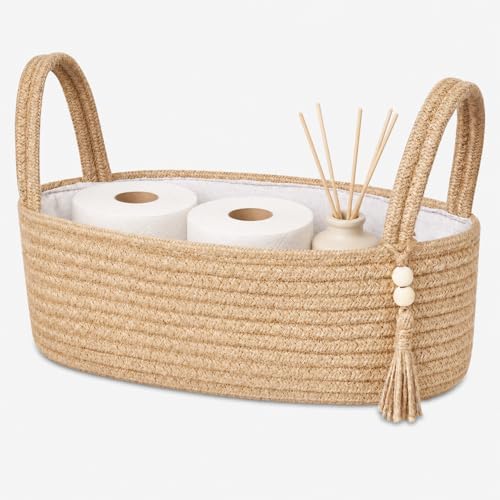 ABenkle Small Storage Basket, Jute Rope Woven Toilet Paper Tray Organizer for Toilet Tank Top, Boho Bathroom Decor Holder for Shelf Bedroom Living Room -13x6x4 Inches by ABenkle