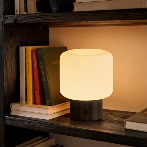 MAGCHARM Halo Mushroom Lamp, 5W Cute Cordless Rechargeable Table Lamp with Glass Shade, 3 Color Temps LED Dimmable Ambient Lighting, Small Retro Touch Bedside Light for Bedroom Decor, Black by Magcharm