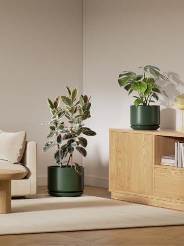LE TAUCI 12 Inch Pots for Plants, Ceramic Plant Pots with Drainage Holes and Saucers, Elegant and Durable Large Plant Pot, Perfect for Home & Office Decor, Forest Green - Image 2