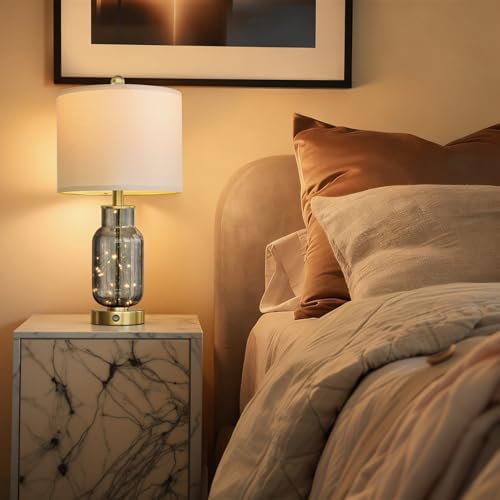 Oneach 22" Glass Table Lamps Set of 2 with LED Nightlight for Bedroom, Gray - Image 2