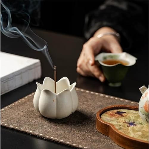 Hermit Life Incense Burner with 9 Holes Stick Holder, Lotus Bud or Tripod Ding Shape Design and Matte Ceramic Surface for Home Décor, Incense Stick Holder with Ash Catcher (White Lotus Bud) - Image 5