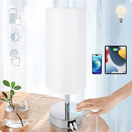 Yarra-Decor Bedside Lamp with USB Port - Touch Control Table Lamp for Bedroom 3 Way Dimmable Nightstand Lamp with Round White Fabric Shade for Living Room, Dorm, Home Office (LED Bulb Included) by Yarra-Decor