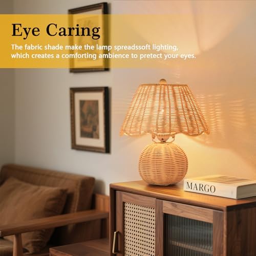 Rattan Small Bedside Mini Table Lamp for Bedroom,Boho Bedroom Lamps for Nightstand, Wicker Mini Table Lamps for Small Spaces with Scalloped Shade for Kitchen Counter, Bookshelf, Kids Dorm, Office - Image 5