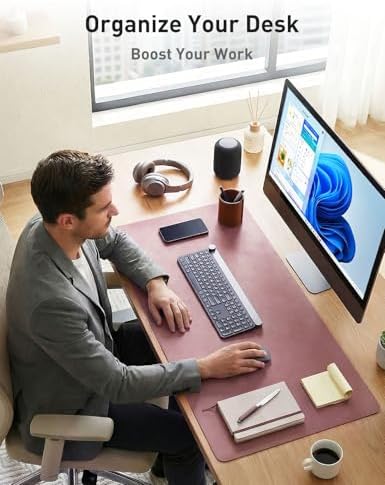 Aothia Faux Leather Desk Mat - Non-Slip PU Leather Desk Blotter, Waterproof Writing Surface, Large Desk Pad for Office & Home (Dark Pink, 55" x 24") - Image 3
