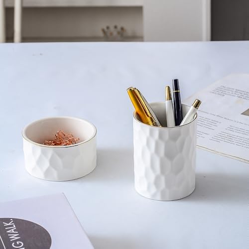 Aesthetic Desk Organizer Set of 2 For Office, Ceramic Pen Holder and Paper Clip Holder Dispenser, Cute Pencil Cup Pot for Desk, Desktop Accessories, Office Decor for women men Ideal Gifts (White Set) - Image 3