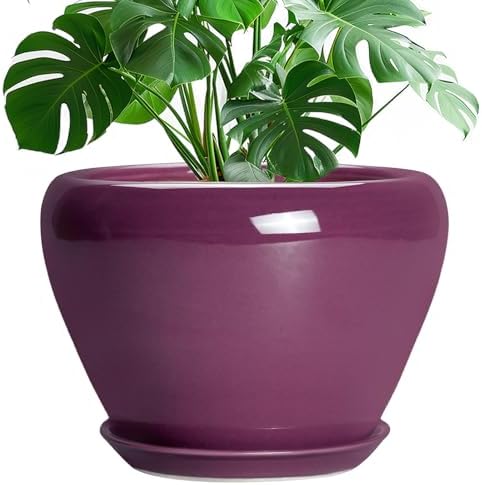 Ceramicfor 10 Inch Plant Pot - Ceramic Planter with Drainage Hole and Saucer, Round Modern Flower Pot for Indoor Outdoor Plants, Housewarming Gift, Home Garden Decor, Purple by Ceramicfor