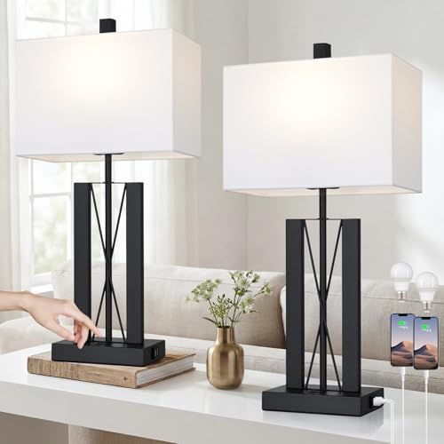 Lolikit 25" Table Lamps for Living Room Set of 2, Modern Table Lamp with 2 USB Charging Ports, Nightstand Geometric Bedside Lamp with White Shade for Bedroom End Table Desk Office(2 LED Bulb Included) by Lolikit