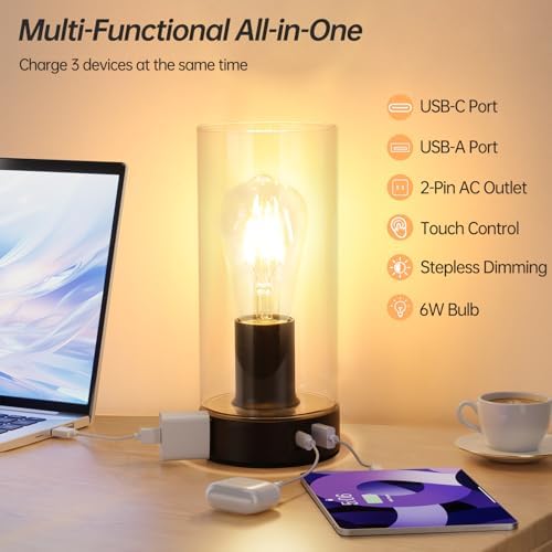 Touch Control Bedside Lamp with Charging Station, Black Small Table Lamp - Image 4