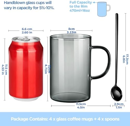 ecooe 4pcs Set Black Borosilicate Glass Coffee Mugs Set with Black Stainless Steel Spoons, 16oz Large Clear Glasses Coffee Cups with Anti Scald Handle for Hot/Cold Tea, Cappuccino 430ml (Use Capacity) - Image 2