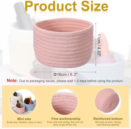 uxcell Pink Small Cotton Rope Woven Storage Basket, Shelf Closet Storage Gift Woven Baskets Cute Nursery Box Bin Decor Organization Bin for Home Supply, Round, 6.3x4.4 - Image 2
