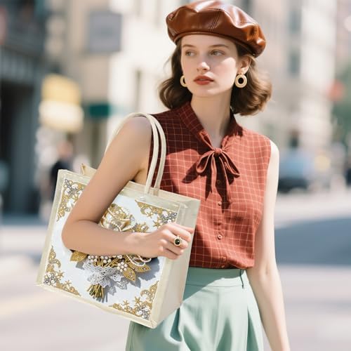 Xylzzuit DIY Pearl Painting Canvas Tote Bag Kit 11.42IN Diamond Art Handbag for Women Shopping Grocery Bag Dots Beads Art Craft Gift (Flower01) - Image 2