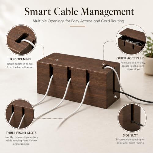 Large Wood Cable Management Box, Wooden Cord Hider Box for Power Strips, Walnut Finish Cable Organizer with 20 Reusable Ties for Desk, Floor & Home Office - Image 5