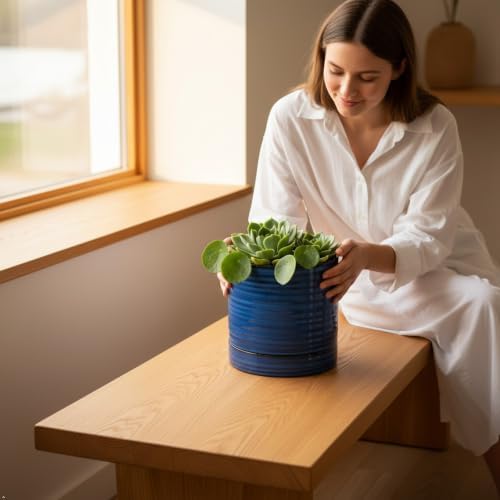 HASENSE Ceramic Pot for Indoor Plant, 8+6+4.6 Inch Planter with Drainage Holes and Saucer, Reactive Glaze Blue Flower Pots for Home Office Decor, Set of 3 - Image 7