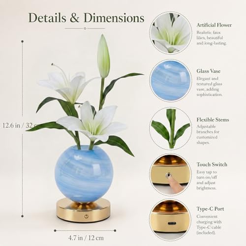 Lily Table Lamp, 3 Color Planet Night Light, Rechargeable Cordless Touch Dimming Artificial Flower Light, LED Flower Bedside Lamp Romantic Gifts for Girl Women Mom (White Lily) - Image 2