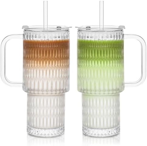 INSETLAN 24 oz Raindrop Glass Tumbler with Handle and Lid, Set of 2 – Reusable Iced Coffee Cups with Lids, Clear Glass Cups with Straw for Coffee, Smoothies, Tea, Juice – Perfect for any Occasion by INSETLAN