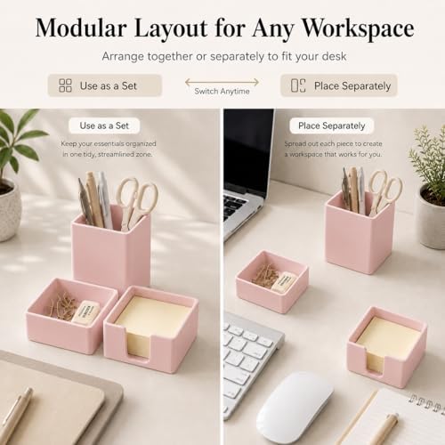 minimaliving Aesthetic Silicone Desk Organizer Set of 3,Modern Office Desk Accessories with Pen Holder,Paperclip Tray,Sticky Note Holder,Stylish Functional Office Desk Decor for Back-to-school(Pink) - Image 3