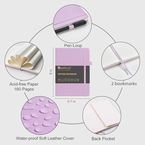 &And Per Se Dotted Notebook with Pen, A5 Hardcover Dotted Journal, 160 Pages 100GSM Thick Paper Dot Grid Journal with Fineliner Pen (Purple) - Image 2