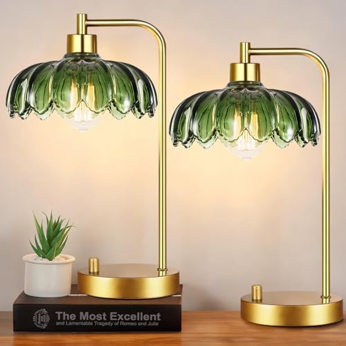 ILLMTW Glass Table Lamp Set of 2,Small Gold Bedside Lamps Dimmable Boho Bedroom Lamp with Tulip Flower Green Lamp Shade,Vintage Mid Century Modern Mini Nightstand Lamp for Bedroom Living Room by IlluminateTheWorld