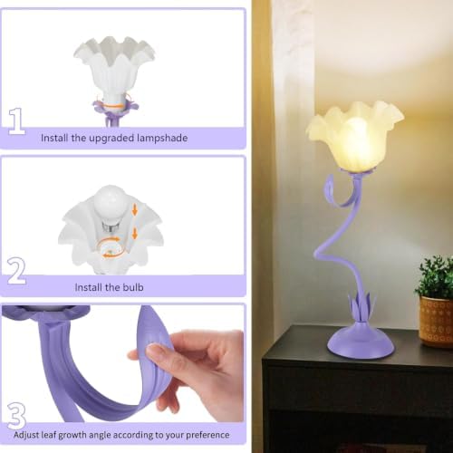 Cute Flower Desk Lamp, 3 Color Temperature Table Lamp with LED Bulb, Vintage Bedside Lamps, Reading Lamps with Soft Light for Bedroom, Living Room（Purple） - Image 5